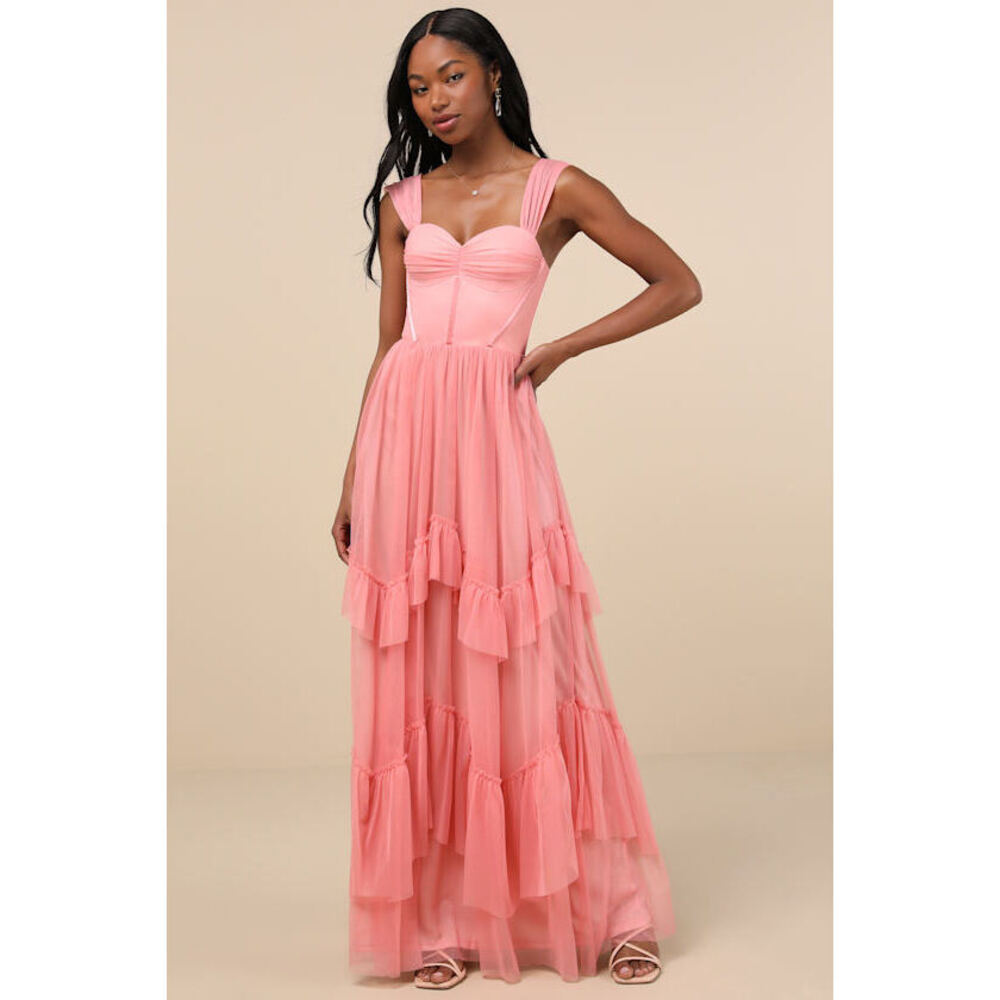Lulus Stunning Personality Pink Mesh Off-the-shoulder Maxi Dress - Size S
